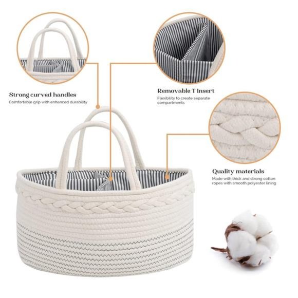 luxury little Diaper Caddy Organizer, Large Cotton Rope Nursery Basket - Picture 3 of 6